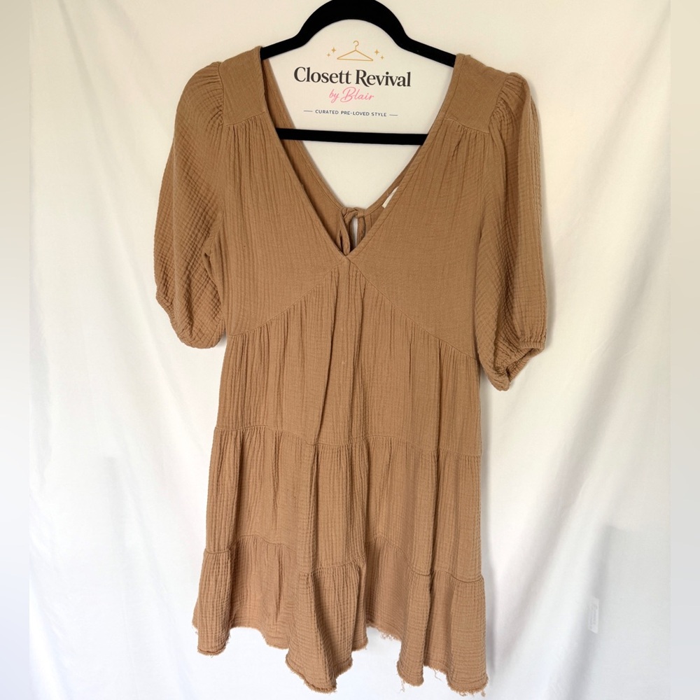 Aerie Tan Gauze Tiered Mini Dress Puff Sleeve Tassel Tie V-Neck
